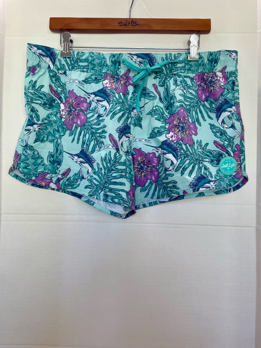 Salt Life Juniors/Women's Teal Floral Athletic Shorts with Purple Accents - Picture 3 of 8